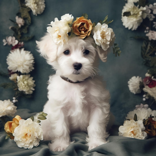 Un piccolo cane bianco con fiori in testa siede su un panno blu.