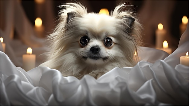 un piccolo cane bianco è seduto di fronte alle candele