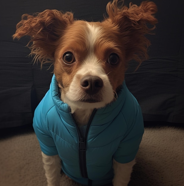 Un piccolo cane che indossa una giacca blu