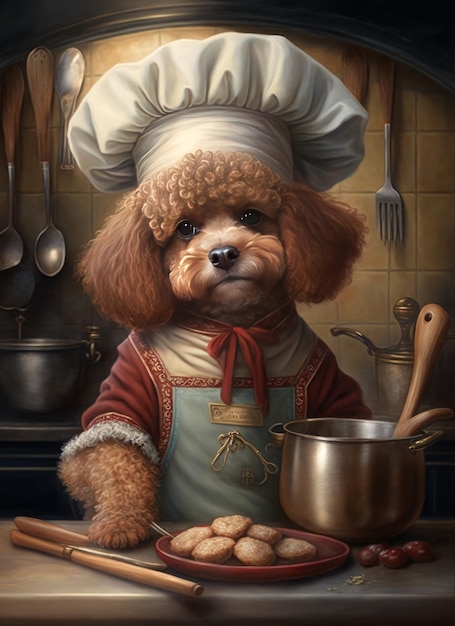 Un piccolo cane cuoco barboncino marrone in cucina AI generativa