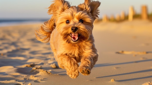 Un piccolo cane da compagnia canide sta giocando sulla spiaggia