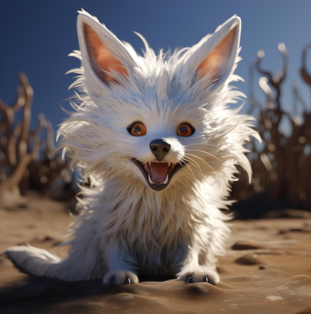 Un piccolo cane dal pelo bianco con gli occhi arancioni.