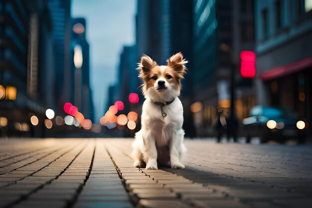 un piccolo cane è in piedi su un marciapiede in città.