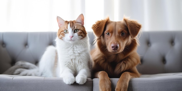 Un piccolo cane e un gatto sono seduti insieme sul divano close-up AI generativa