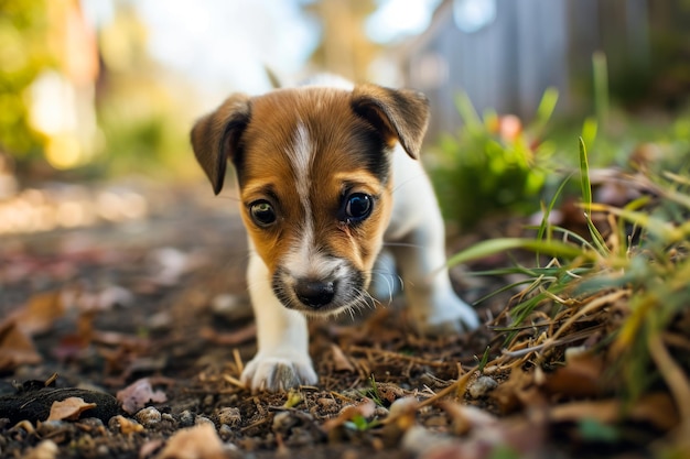 Un piccolo cane marrone e bianco si trova in cima a un campo di terra