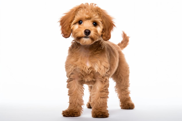 un piccolo cane marrone in piedi su una superficie bianca