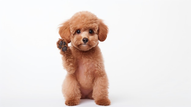 un piccolo cane marrone seduto sulle zampe posteriori