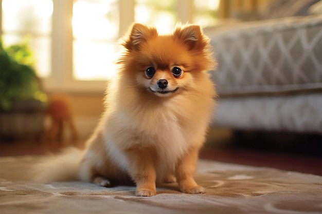 Un piccolo cane pomeraniano seduto sul tappeto.