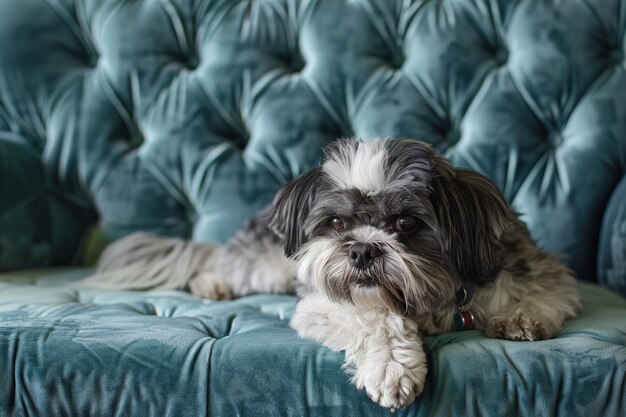 Un piccolo cane sdraiato sopra un divano blu