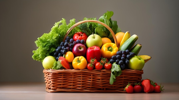 Un piccolo cesto della spesa con una selezione di frutta e verdura fresca che si riversa fuori