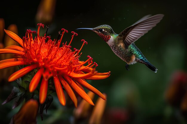 Un piccolo colibrì che si libra nell'aria sopra un fiore rosso Illustrazione dell'intelligenza artificiale generativa