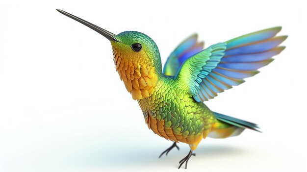 Un piccolo colibrì dai colori vivaci con un lungo e sottile becco vola in aria con le ali spalancate e la coda spalancata