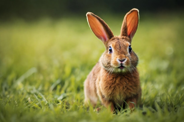 Un piccolo coniglietto carino nel prato sullo sfondo della natura primaverile