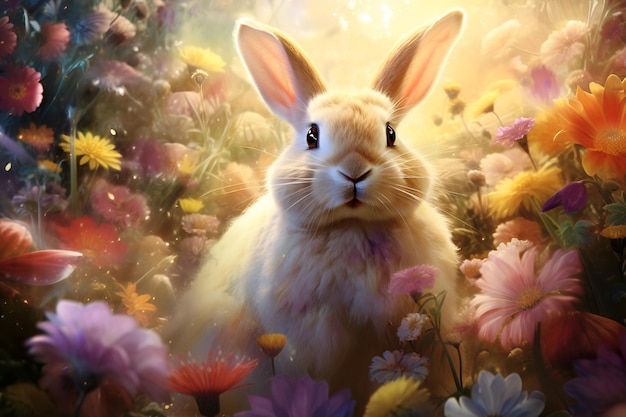 Un piccolo coniglio che gioca in un prato circondato da vivaci fiori primaverili
