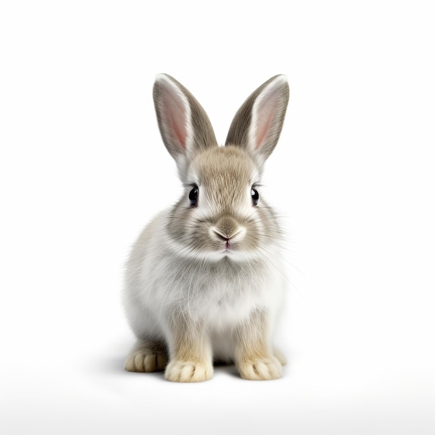 un piccolo coniglio seduto su sfondo bianco