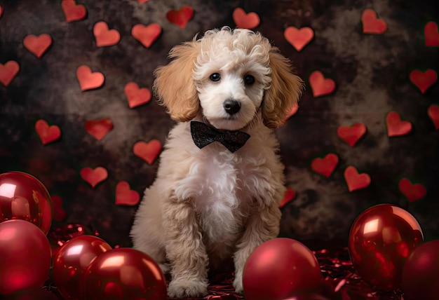 un piccolo cucciolo bianco e nero era seduto davanti ai cuori sullo sfondo