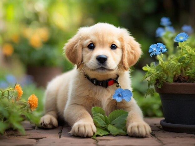 un piccolo cucciolo carino e un buon amico un cucciolo in un giardino al tramonto con un flower retriever labrador