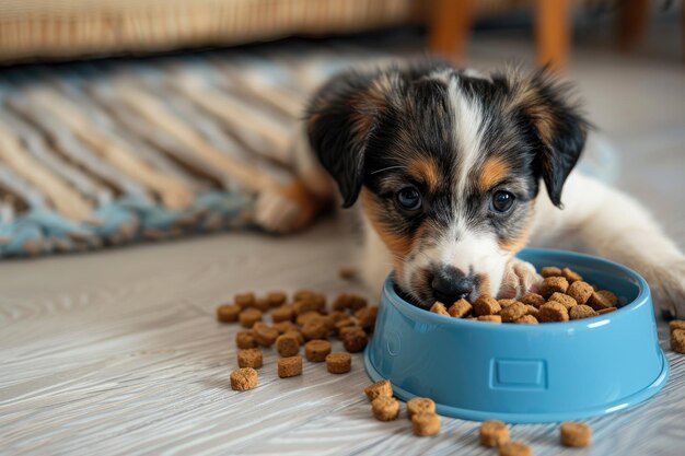 Un piccolo cucciolo guarda con rimprovero una ciotola blu piena di cibo per cani sparsi sul pavimento