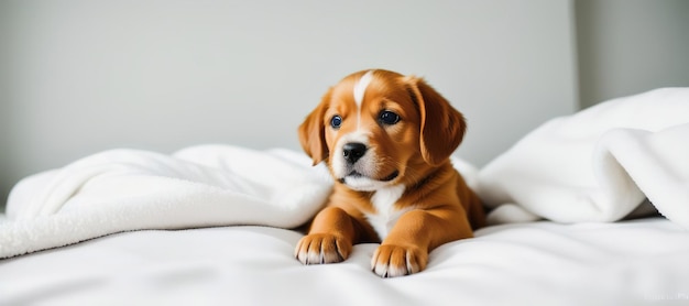 Un piccolo cucciolo marrone fa capolino da sotto le coperte del letto IA generativa