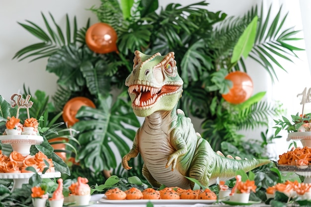 Un piccolo dinosauro giocattolo appoggiato sopra un tavolo di legno che mostra la sua presenza stravagante festa dinosauro per un carino Tyrannosaurus Rex compleanno AI generato