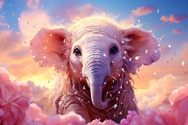 un piccolo elefante carino sullo sfondo di nuvole rosa e cielo blu