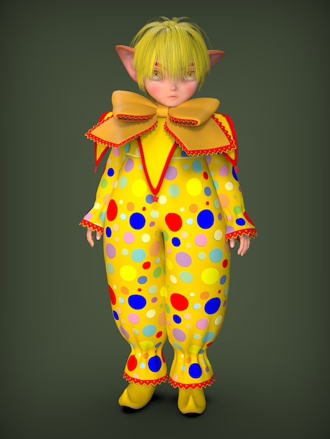 Un piccolo elfo pagliaccio vestito di giallo. illustrazione 3D