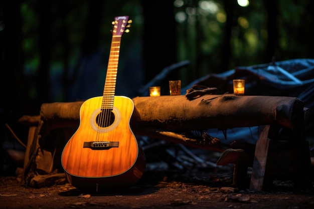 Un piccolo falò che illumina una chitarra lasciata su una panchina da campeggio