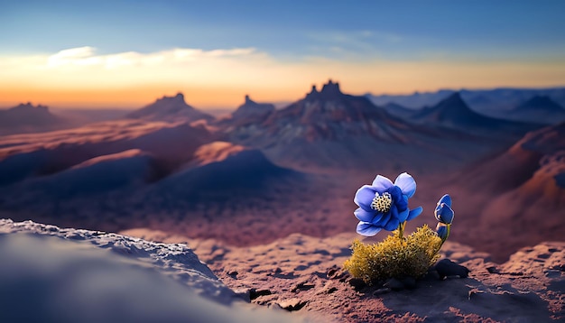 Un piccolo fiore blu che spunta sul bordo di una montagna di Marte generata dall'IA