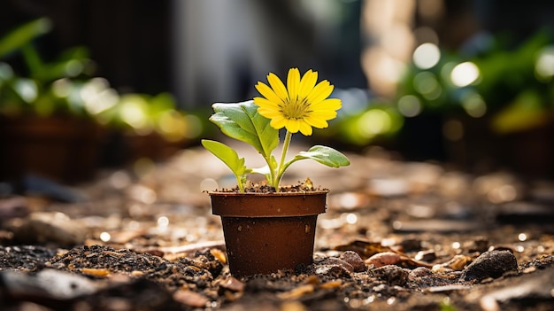 un piccolo fiore giallo che cresce in un vaso sul terreno