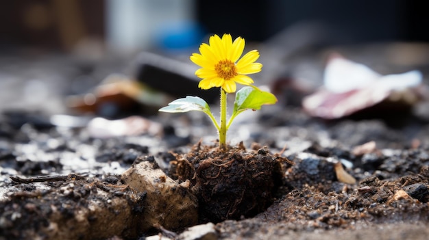 un piccolo fiore giallo cresce da un buco nel terreno