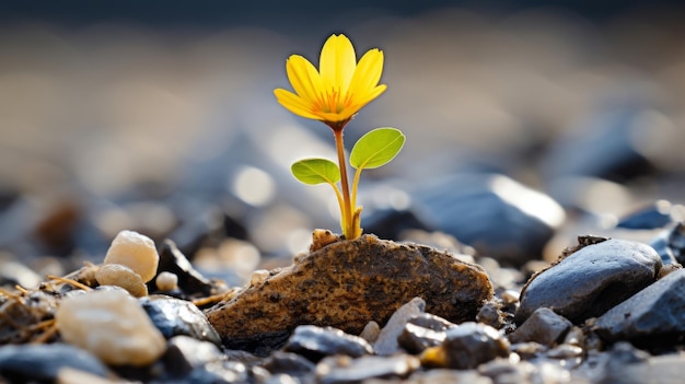un piccolo fiore giallo cresce da una roccia