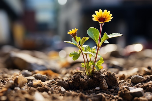 un piccolo fiore giallo cresce dal terreno