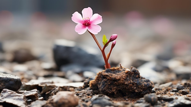 un piccolo fiore rosa cresce dal terreno