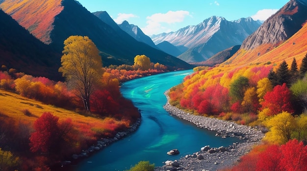 Un piccolo fiume scorre attraverso una foresta con colline su entrambi i lati del fiume e una grande montagna alle spalle