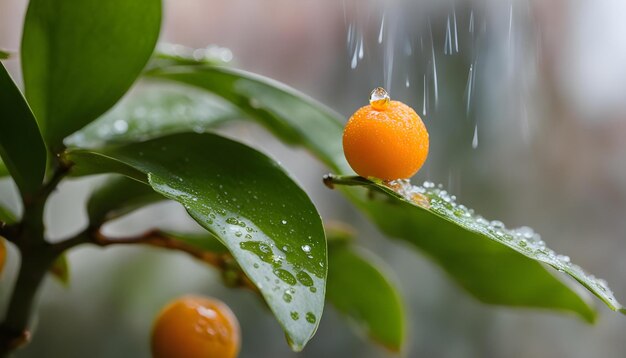 un piccolo frutto arancione è su un ramo d'albero con gocce d'acqua