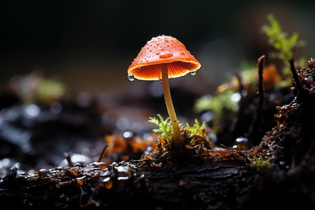 un piccolo fungo arancione è in piedi sopra un tronco