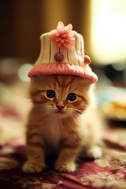 Un piccolo gattino con un cappello