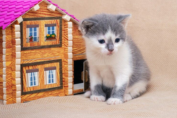 Foto un piccolo gattino è seduto vicino a una casa dei giocattoli
