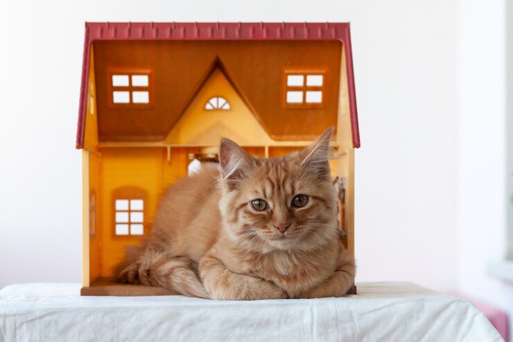 Foto un piccolo gattino rosso si trova in una casa giocattolo e guarda la telecamera.
