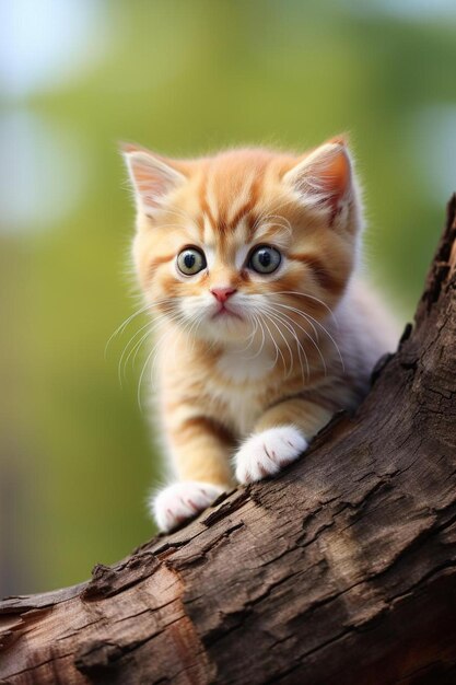 un piccolo gattino seduto in cima a un ramo di un albero