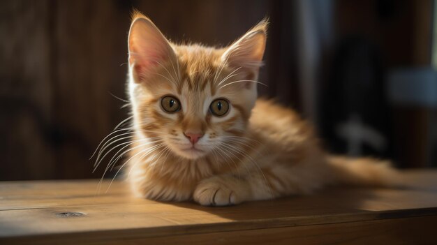 un piccolo gattino seduto sopra un tavolo di legno