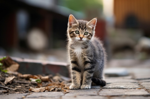 un piccolo gattino seduto su un marciapiede che guarda la telecamera
