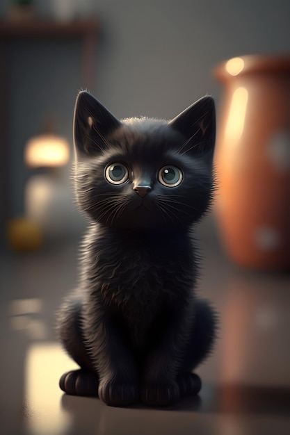 Un piccolo gatto nero con grandi occhi, un simpatico gattino nero, un'immagine 3D realistica, generata con AI