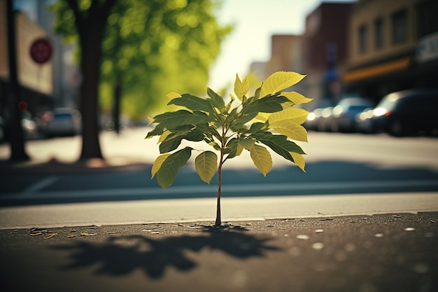 Un piccolo germoglio rinasce tra l'asfalto di una città un nuovo albero cresce nelle strade Ai generato