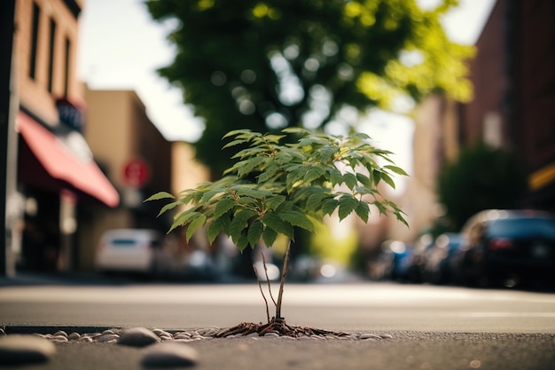 Un piccolo germoglio rinasce tra l'asfalto di una città un nuovo albero cresce nelle strade Ai generato