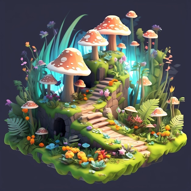 un piccolo giardino con funghi e un tunnel che dice funghi.
