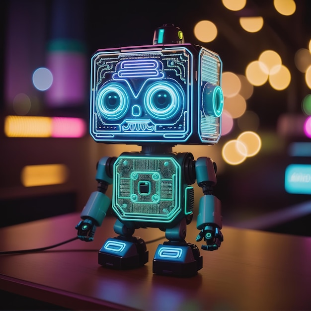 Un piccolo giocattolo robot carino per bambini con colori in stile neon