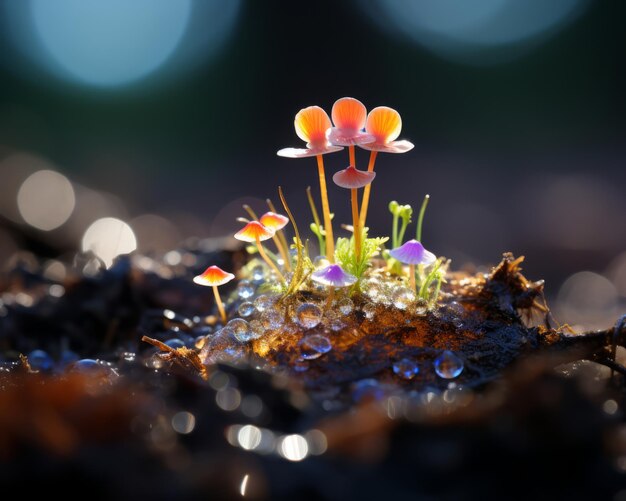 un piccolo gruppo di funghi che crescono da un mucchio di goccioline d'acqua