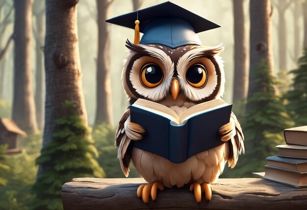 Un piccolo gufo carino e adorabile con il cappello di laurea tiene in mano il libro Generative AI