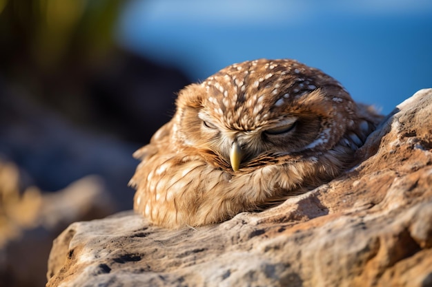 un piccolo gufo dorme su una roccia